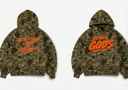 Duck camo hoodie with orange lettering